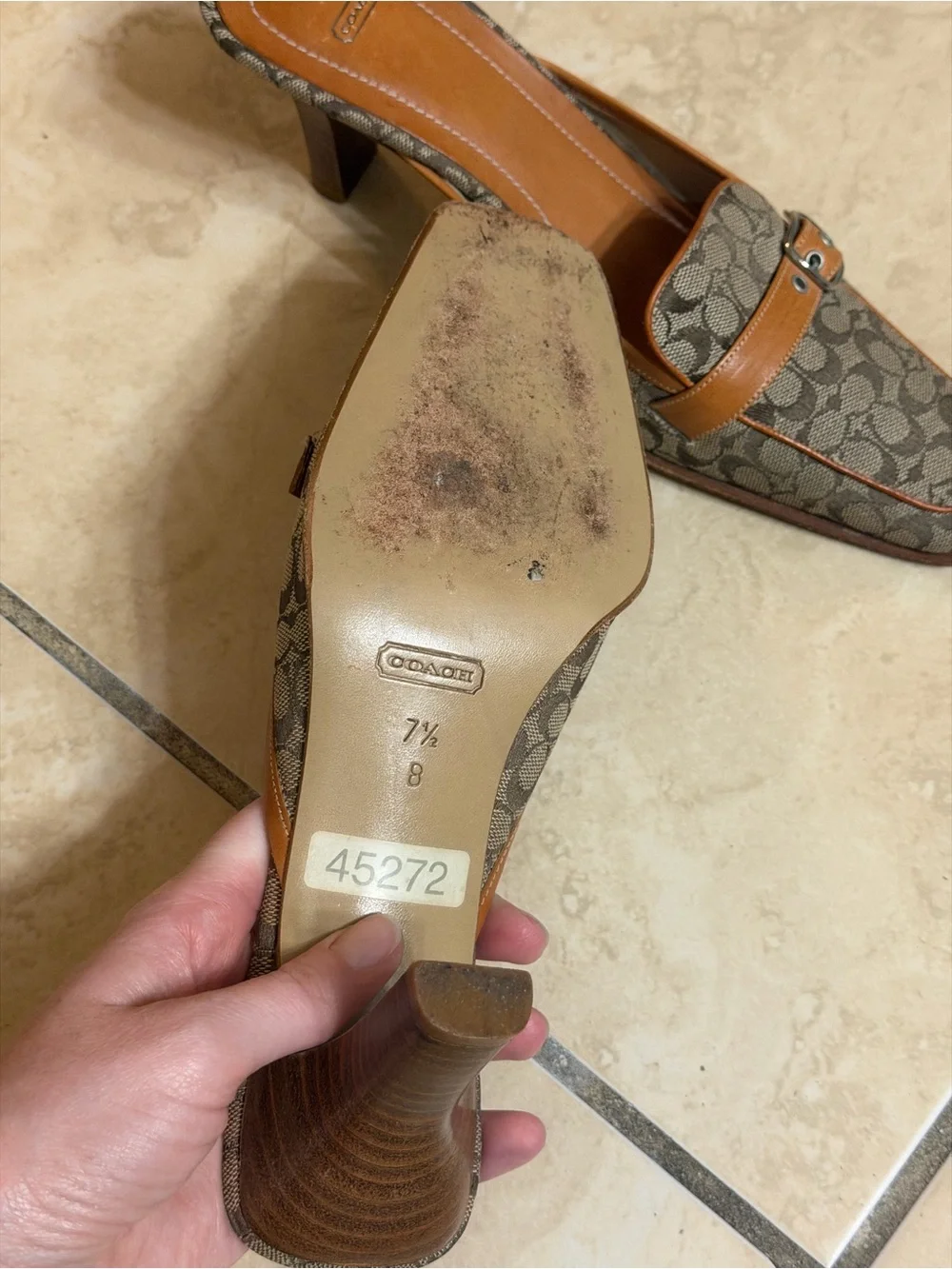 Coach Brown Signature Canvas Mule with Tan Leather Trim